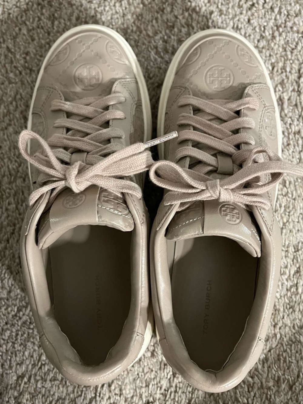 Tory Burch Taupe Leather T Monogram Sneakers - Picture 3 of 4
